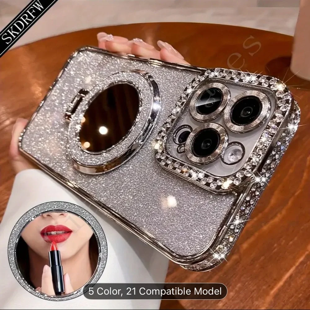 Silver OR Clear Changeable Glitter iPhone 16 Pro Max Case with Mirror Stand